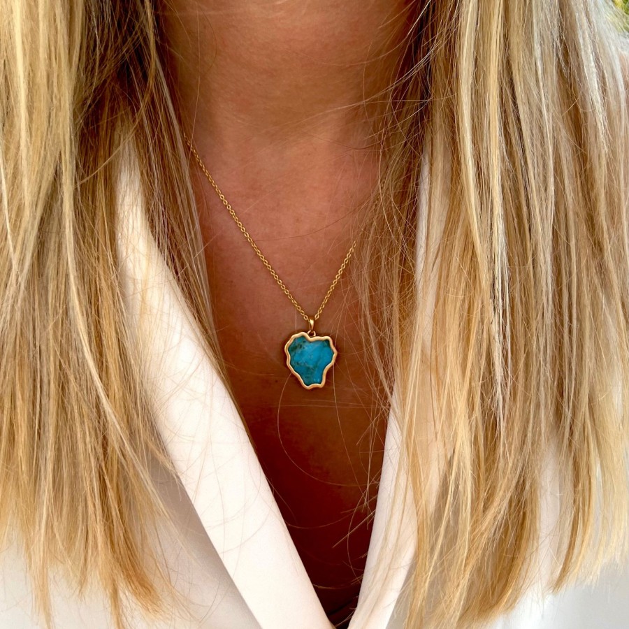 Necklaces Bands of Courage | Heart Reef Turquoise Heart, With 18K Gold Plated Surround & Necklace