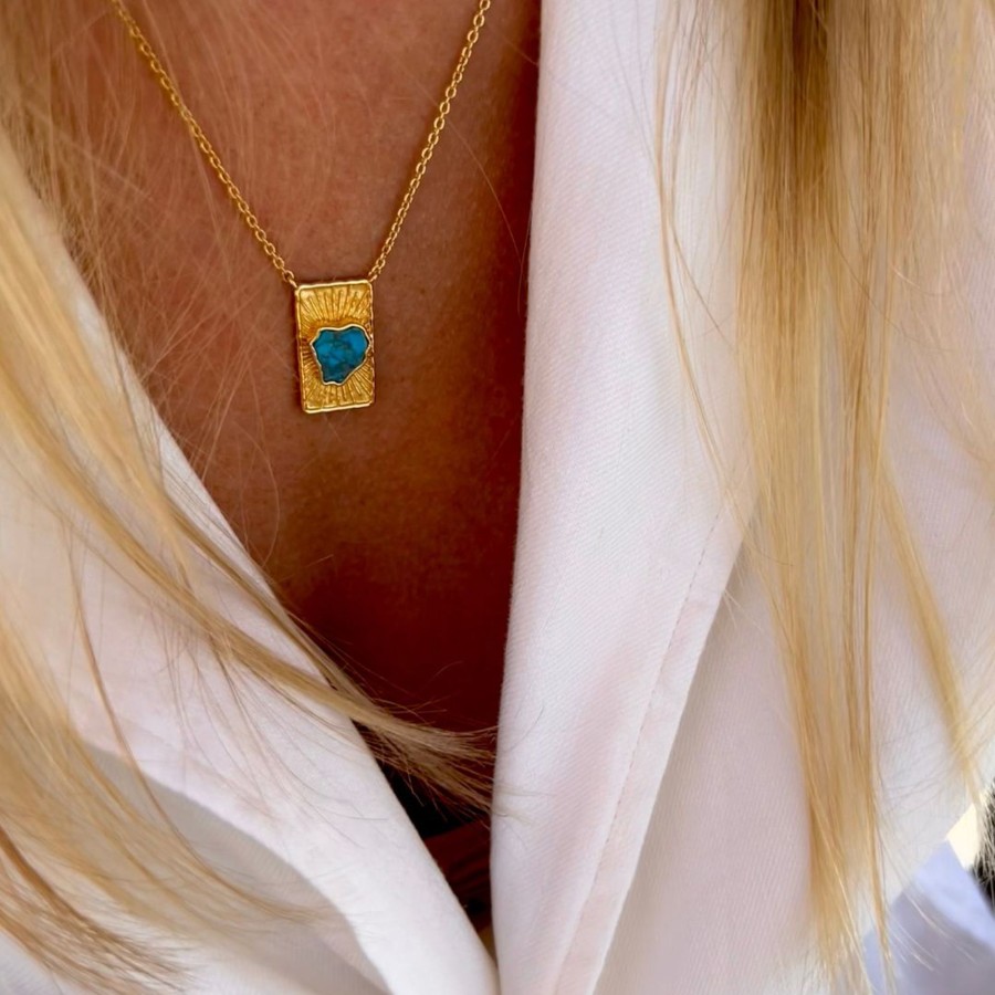 Necklaces Bands of Courage | Heart Reef Dog Tag, 18K Gold Plated Turquoise Heart And Necklace