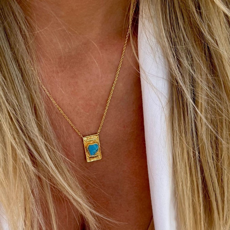 Necklaces Bands of Courage | Heart Reef Dog Tag, 18K Gold Plated Turquoise Heart And Necklace